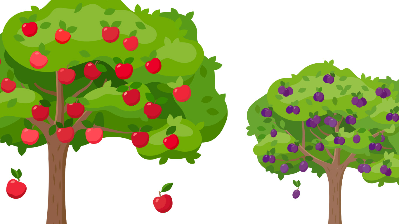 Två grafiskt illustrerade fruktträd