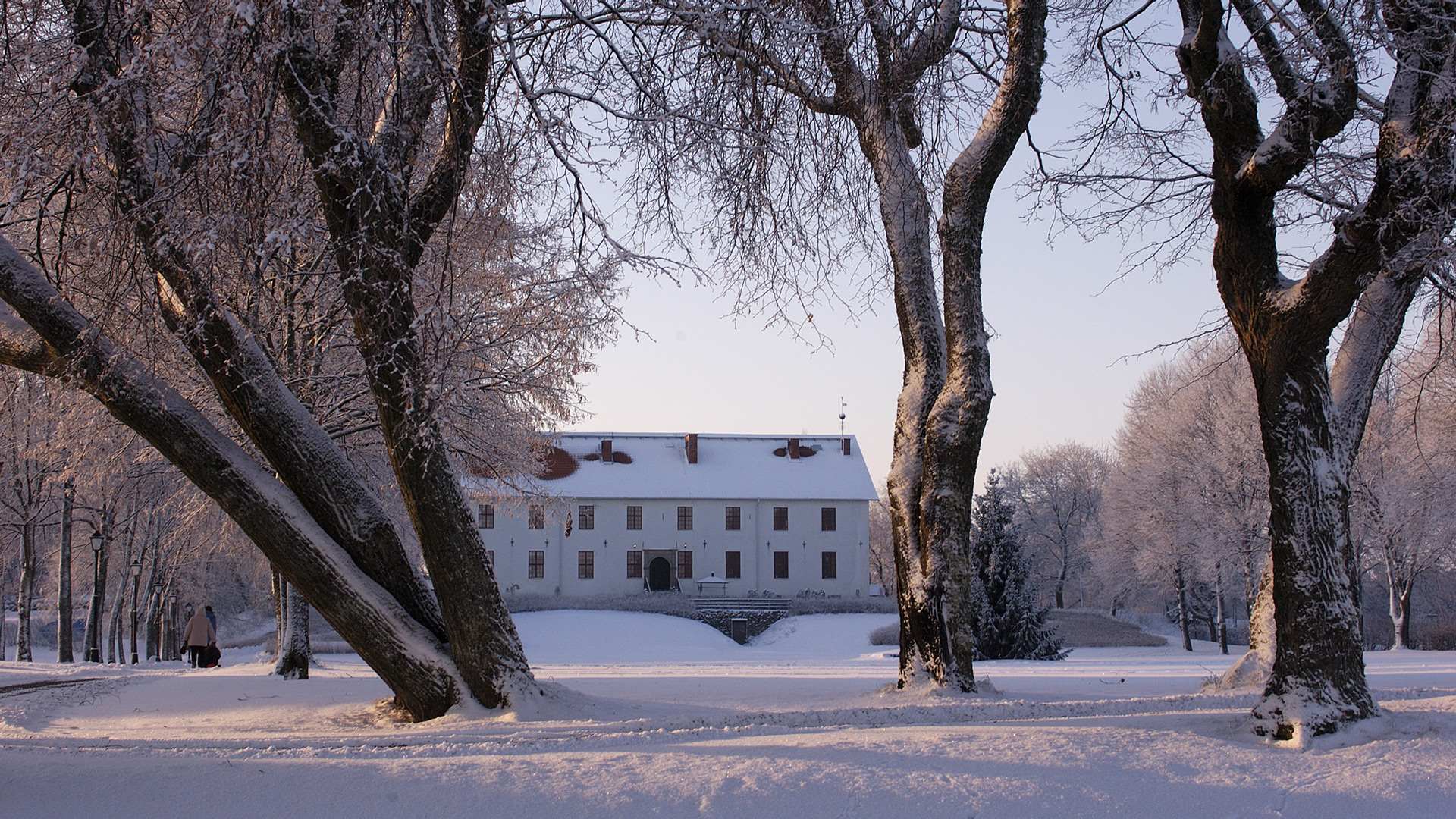Ett vinterlandskap med ett stort vitt slott i bakgrunden, omgivet av snötäckta träd och en promenadstig. Solen lyser svagt genom träden.