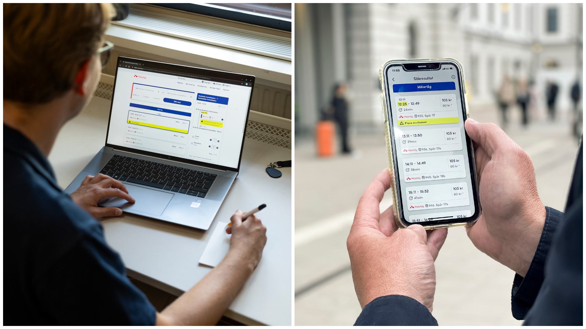 Två bilder visar hur man söker trafik- och tåginformation. Den första bilden visar en person som använder en laptop med en trafikwebbplats, och den andra visar en hand som håller en mobiltelefon med en app som visar tågtider och förseningar.